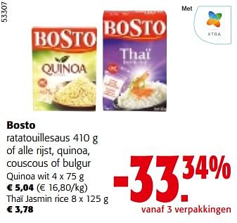 Promotions Bosto ratatouillesaus of alle rijst, quinoa, couscous of bulgur - Bosto - Valide de 08/05/2024 à 21/05/2024 chez Colruyt