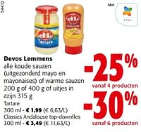 Promoties Devos lemmens alle koude sauzen of warme sauzen of uitjes in azijn - Devos Lemmens - Geldig van 08/05/2024 tot 21/05/2024 bij Colruyt