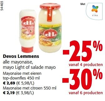 Promoties Devos lemmens alle mayonaise, mayo light of salade mayo - Devos Lemmens - Geldig van 08/05/2024 tot 21/05/2024 bij Colruyt