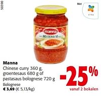 Promoties Manna chinese curry groentesaus of pastasaus bolognese - Manna - Geldig van 08/05/2024 tot 21/05/2024 bij Colruyt