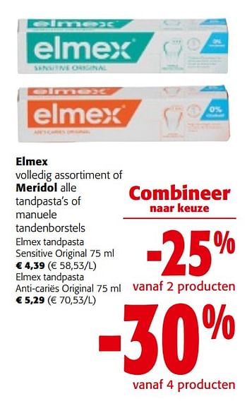 Promotions Elmex volledig assortiment of meridol alle tandpasta`s of manuele tandenborstels - Produit maison - Colruyt - Valide de 08/05/2024 à 21/05/2024 chez Colruyt