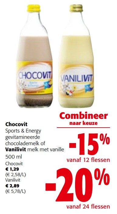 Chocovit sports + energy gevitamineerde chocolademelk of vanilivit melk met vanille-Huismerk - Colruyt