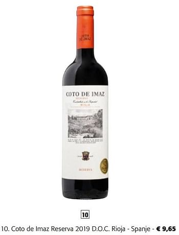 Promotions Coto de imaz reserva 2019 d.o.c. rioja - spanje - Vins rouges - Valide de 08/05/2024 à 21/05/2024 chez Colruyt