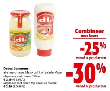 Promotions Devos lemmens alle mayonaise, mayo light of salade mayo - Devos Lemmens - Valide de 08/05/2024 à 21/05/2024 chez Colruyt
