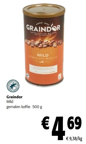 Promotions Graindor mild gemalen koffie - Graindor - Valide de 08/05/2024 à 21/05/2024 chez Colruyt
