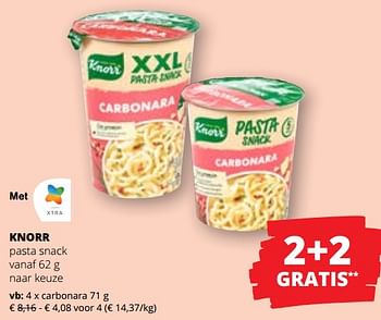 Promotions Knorr pasta snack carbonara - Knorr - Valide de 09/05/2024 à 22/05/2024 chez Spar (Colruytgroup)