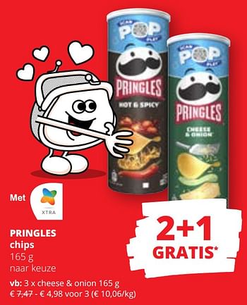 Promotions Pringles chips cheese + onion - Pringles - Valide de 09/05/2024 à 22/05/2024 chez Spar (Colruytgroup)