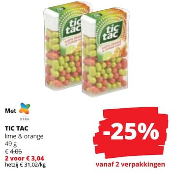 Promotions Tic tac lime + orange - TicTac - Valide de 09/05/2024 à 22/05/2024 chez Spar (Colruytgroup)