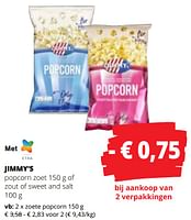 Promoties Zoete popcorn - Jimmy's - Geldig van 09/05/2024 tot 22/05/2024 bij Spar (Colruytgroup)