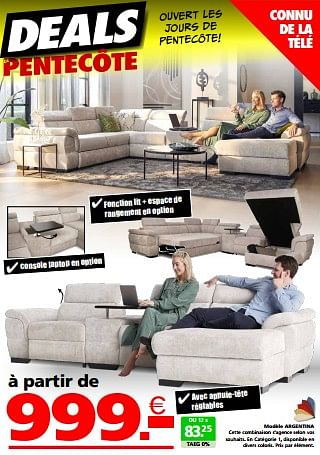 Promotions Modèle argentina - Produit maison - Seats and Sofas - Valide de 13/05/2024 à 20/05/2024 chez Seats and Sofas