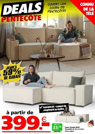 Promotions Salon d’angle milo - Produit maison - Seats and Sofas - Valide de 13/05/2024 à 20/05/2024 chez Seats and Sofas