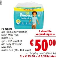 Promoties Pampers alle premium protection luiers maxi pack of alle baby-dry luiers maxi pack - Pampers - Geldig van 08/05/2024 tot 21/05/2024 bij Colruyt