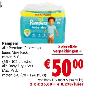 Promotions Pampers alle premium protection luiers maxi pack of alle baby-dry luiers maxi pack - Pampers - Valide de 08/05/2024 à 21/05/2024 chez Colruyt