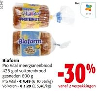 Promoties Biaform pro vital meergranenbrood 425 g of volkorenbrood gesneden - Biaform - Geldig van 08/05/2024 tot 21/05/2024 bij Colruyt