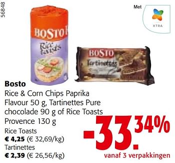 Promotions Bosto rice + corn chips paprika flavour tartinettes pure chocolade of rice toasts provence - Bosto - Valide de 08/05/2024 à 21/05/2024 chez Colruyt
