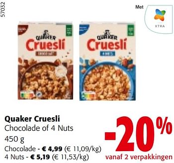 Promotions Quaker cruesli chocolade of 4 nuts - Quaker - Valide de 08/05/2024 à 21/05/2024 chez Colruyt