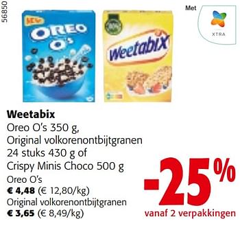 Promotions Weetabix oreo o’s, original volkorenontbijtgranen of crispy minis choco - Weetabix - Valide de 08/05/2024 à 21/05/2024 chez Colruyt