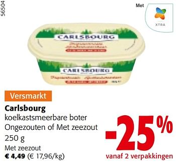 Promotions Carlsbourg koelkastsmeerbare boter ongezouten of met zeezout - Carlsbourg - Valide de 08/05/2024 à 21/05/2024 chez Colruyt