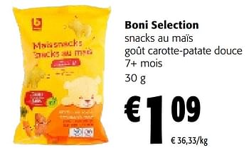 Promotions Boni selection snacks au maïs goût carotte-patate douce - Boni - Valide de 08/05/2024 à 21/05/2024 chez Colruyt