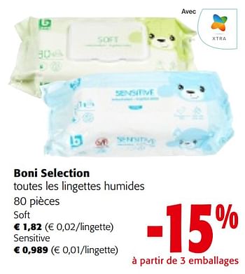Promoties Boni selection toutes les lingettes humides - Boni - Geldig van 08/05/2024 tot 21/05/2024 bij Colruyt