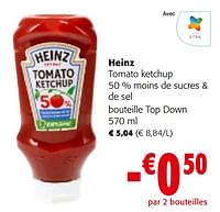 Promotions Heinz tomato ketchup 50 % moins de sucres + de sel bouteille top down - Heinz - Valide de 08/05/2024 à 21/05/2024 chez Colruyt