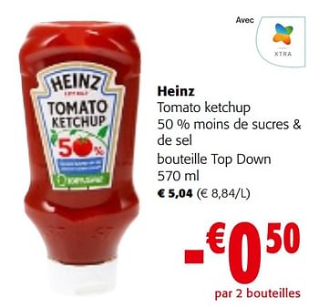 Promoties Heinz tomato ketchup 50 % moins de sucres + de sel bouteille top down - Heinz - Geldig van 08/05/2024 tot 21/05/2024 bij Colruyt