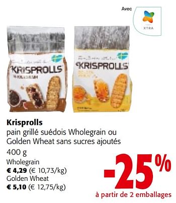 Promoties Krisprolls pain grillé suédois wholegrain ou golden wheat sans sucres ajoutés - Krisprolls - Geldig van 08/05/2024 tot 21/05/2024 bij Colruyt