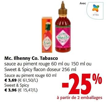 Promoties Mc. ilhenny co. tabasco sauce au piment rouge ou sweet + spicy flacon doseur sauce au piment rouge - Mc Il Henny Co - Geldig van 08/05/2024 tot 21/05/2024 bij Colruyt