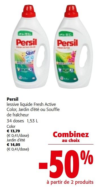 Promotions Persil lessive liquide fresh active color, jardin d`été ou souffle de fraîcheur - Persil - Valide de 08/05/2024 à 21/05/2024 chez Colruyt
