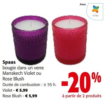 Promoties Spaas bougie dans un verre marrakech violet ou rose blush - Spaas - Geldig van 08/05/2024 tot 21/05/2024 bij Colruyt