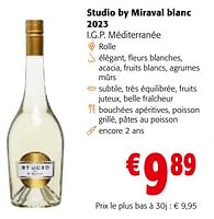 Promotions Studio by miraval blanc 2023 i.g.p. méditerranée - Vins blancs - Valide de 08/05/2024 à 21/05/2024 chez Colruyt