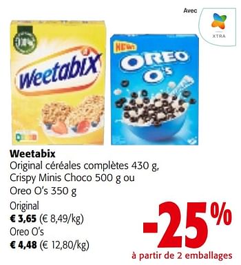 Promoties Weetabix original céréales complètes , crispy minis choco ou oreo o’s original - Weetabix - Geldig van 08/05/2024 tot 21/05/2024 bij Colruyt