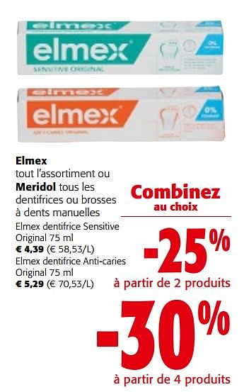 Promotions Elmex tout l`assortiment ou meridol tous les dentifrices ou brosses à dents manuelles - Produit maison - Colruyt - Valide de 08/05/2024 à 21/05/2024 chez Colruyt