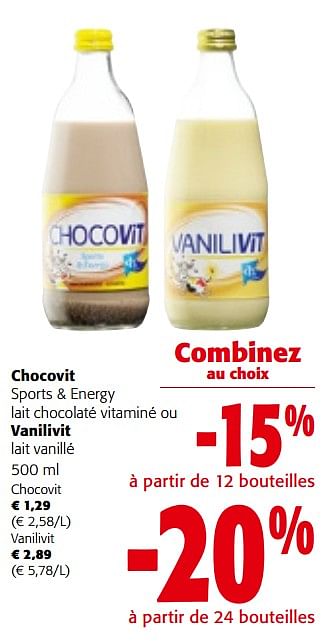 Promotions Chocovit sports + energy lait chocolaté vitaminé ou vanilivit lait vanillé - Produit maison - Colruyt - Valide de 08/05/2024 à 21/05/2024 chez Colruyt