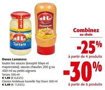 Promotions Devos lemmens toutes les sauces sauces chaudes ou petits oignons - Devos Lemmens - Valide de 08/05/2024 à 21/05/2024 chez Colruyt