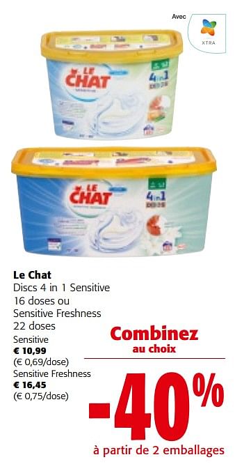 Promotions Le chat discs 4 in 1 sensitive 16 doses ou sensitive freshness - Le Chat - Valide de 08/05/2024 à 21/05/2024 chez Colruyt