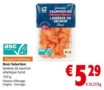 Promoties Boni selection lanières de saumon atlantique fumé - Boni - Geldig van 08/05/2024 tot 21/05/2024 bij Colruyt