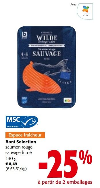 Promotions Boni selection saumon rouge sauvage fumé - Boni - Valide de 08/05/2024 à 21/05/2024 chez Colruyt