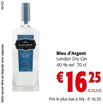 Promotions Bleu d’argent london dry gin - Bleu d'Argent - Valide de 08/05/2024 à 21/05/2024 chez Colruyt