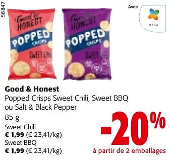 Promotions Good + honest popped crisps sweet chili, sweet bbq ou salt + black pepper - Good & Honest  - Valide de 08/05/2024 à 21/05/2024 chez Colruyt