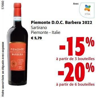 Promotions Piemonte d.o.c. barbera 2022 sartirano piemonte - italie - Vins rouges - Valide de 08/05/2024 à 21/05/2024 chez Colruyt