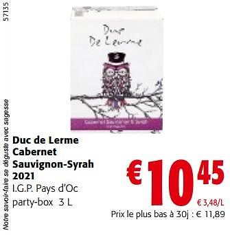 Promotions Duc de lerme cabernet sauvignon-syrah 2021 i.g.p. pays d’oc - Vins rouges - Valide de 08/05/2024 à 21/05/2024 chez Colruyt