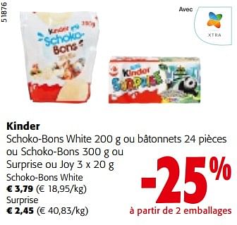 Promoties Kinder schoko-bons white ou bâtonnets ou schoko-bons ou surprise ou joy - Kinder - Geldig van 08/05/2024 tot 21/05/2024 bij Colruyt