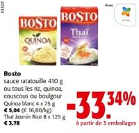 Promotions Bosto sauce ratatouille ou tous les riz, quinoa, couscous ou boulgour - Bosto - Valide de 08/05/2024 à 21/05/2024 chez Colruyt