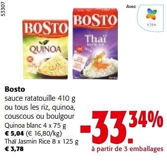 Promoties Bosto sauce ratatouille ou tous les riz, quinoa, couscous ou boulgour - Bosto - Geldig van 08/05/2024 tot 21/05/2024 bij Colruyt