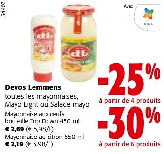 Promotions Devos lemmens toutes les mayonnaises, mayo light ou salade mayo - Devos Lemmens - Valide de 08/05/2024 à 21/05/2024 chez Colruyt