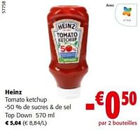 Promotions Heinz tomato ketchup de sucres + de sel top down - Heinz - Valide de 08/05/2024 à 21/05/2024 chez Colruyt