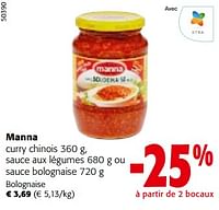 Promotions Manna curry chinois , sauce aux légumes ou sauce bolognaise - Manna - Valide de 08/05/2024 à 21/05/2024 chez Colruyt