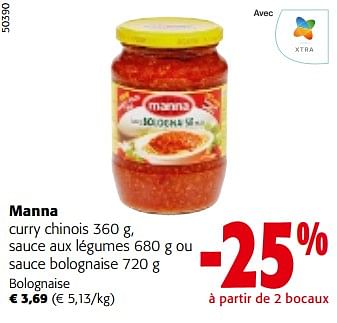 Promoties Manna curry chinois , sauce aux légumes ou sauce bolognaise - Manna - Geldig van 08/05/2024 tot 21/05/2024 bij Colruyt
