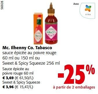 Promotions Mc. ilhenny co. tabasco sauce épicée au poivre rouge - Mc Il Henny Co - Valide de 08/05/2024 à 21/05/2024 chez Colruyt